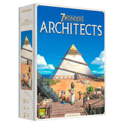 7 Wonders Architects - Board game box featuring a colorful pyramid under a blue sky with clouds and people working on construction in a desert.