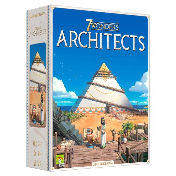 7 Wonders Architects - Board game box featuring a colorful pyramid under a blue sky with clouds and people working on construction in a desert.