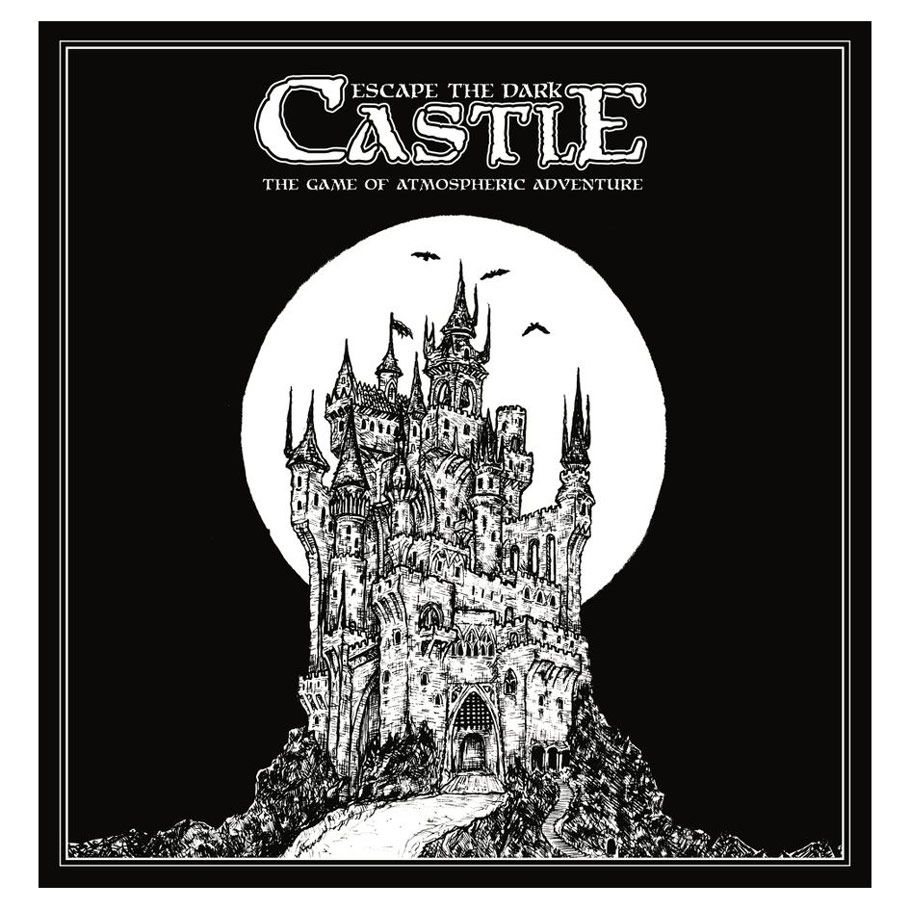Escape the Dark Castle: Core - Black square box with detailed monochrome illustration of a tall, gothic castle against a white circular moon backdrop,.