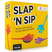 Slap 'N Sip - Bright yellow rectangular box with bold black and white text, featuring colorful hand graphics, for a party game called Slap