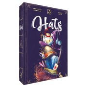 Hats - Dark purple card game box featuring whimsical hats stacked vertically and stylized "Hats" text on front.