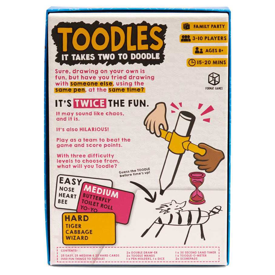 Toodles - Colorful rectangular party game box with playful fonts and illustrations, featuring doodle instructions and cartoon drawings