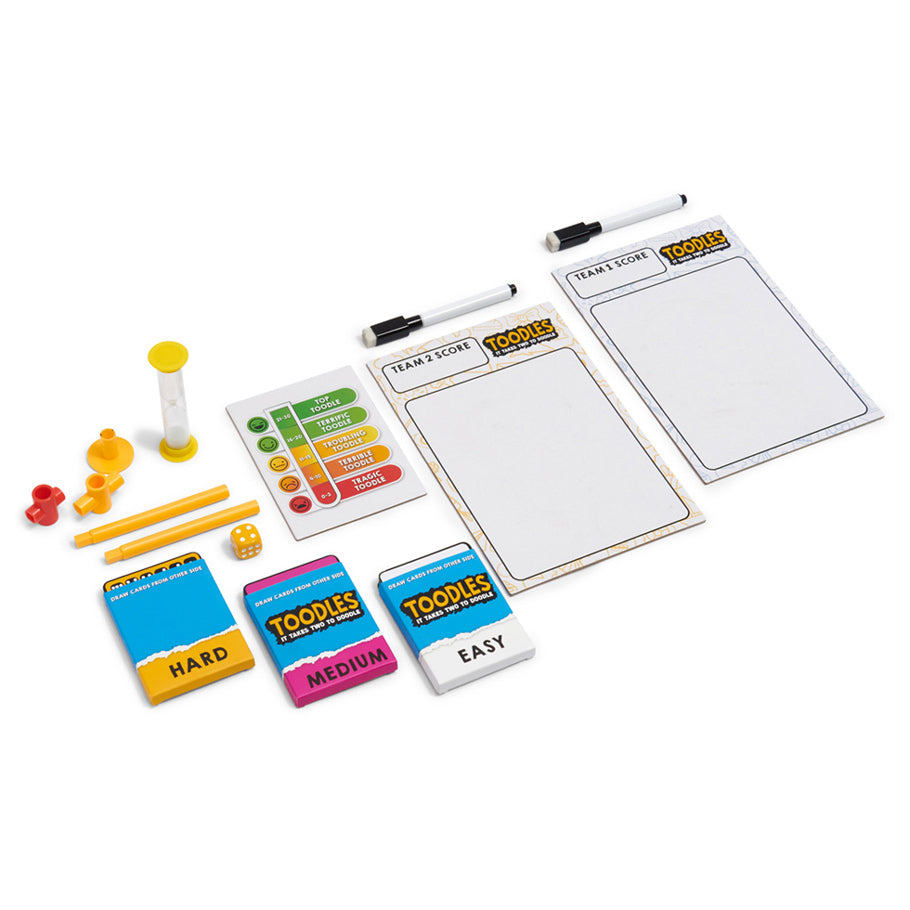 Toodles - Party game set with three dry erase boards, black markers, colorful timer, chips, and difficulty-level cards.