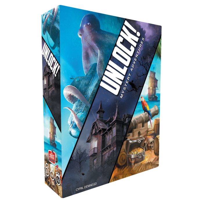 UNLOCK! Mystery Adventures - Box of UNLOCK! Mystery Adventures board game with vibrant blue, purple, and brown colors, featuring a dolphin, a haunted.