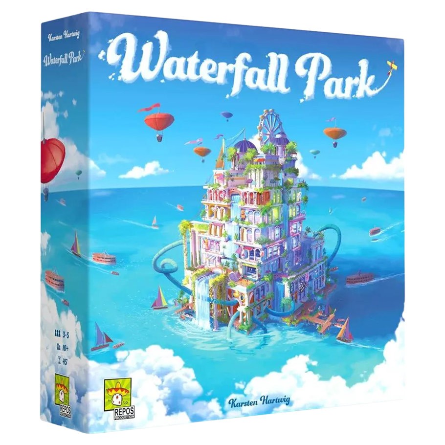 Waterfall Park - Colorful board game box with a vibrant island featuring layered buildings and waterfalls against a blue sky background.