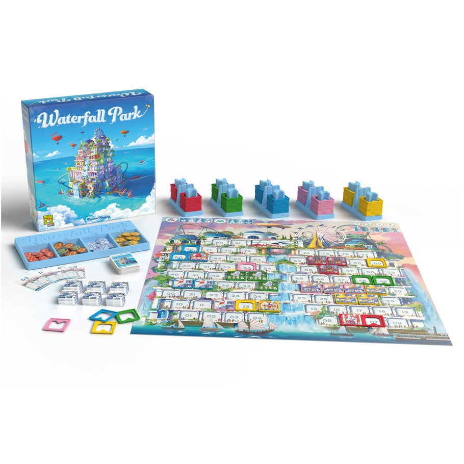 Waterfall Park - Colorful strategy board game with map, multi-colored dice, cards, and stacking tower pieces on white surface.