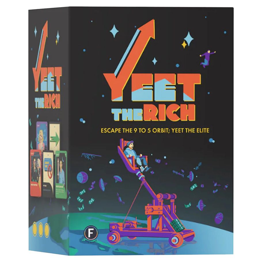 Yeet the Rich - Rectangular black box featuring bold orange and white "Yeet The Rich" text, with a colorful medieval catapult illustration.