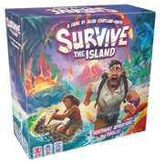 Survive the Island - Colorful board game box featuring two cartoon characters running from a volcanic eruption with lush tropical background.