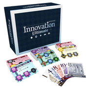 Innovation Ultimate - Dark blue Innovation Ultimate card game box with colorful square cards featuring symbols and numbers laid out in front.