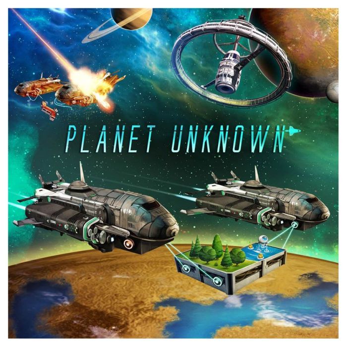 Planet Unknown - Board game cover showing futuristic spaceships, a space station, and a floating platform with miniature trees against a.