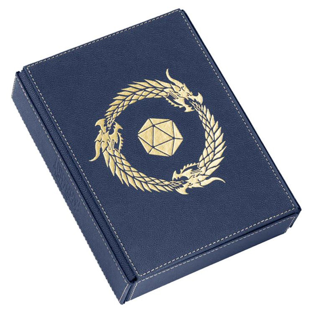 Dragon Shield RPG - Dice Companion - Midnight Blue - Midnight blue leather dice companion box with gold dragon and d20 emblem on lid, white stitching detail.