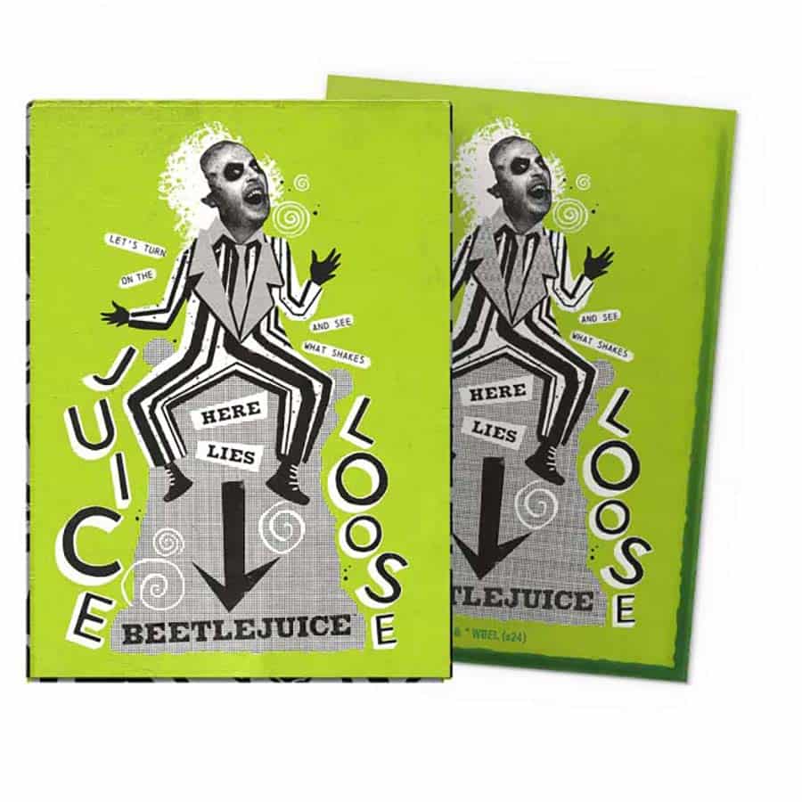 DRAGON SHIELD: BRUSHED ART: BEETLEJUICE 2024 (100CT) - Bright green card sleeves featuring a black-and-white Beetlejuice character with striped suit and outstretched hands, text.