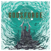 Godsforge 2E - Card game box with teal and black swirling design featuring a dark fortress on rocky terrain and gold "Godsforge 2E" text.