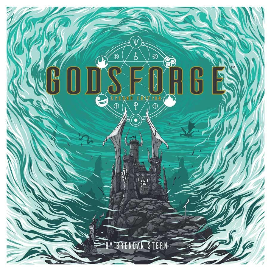 Godsforge 2E - Card game box with teal and black swirling design featuring a dark fortress on rocky terrain and gold "Godsforge 2E" text.