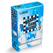 Deck Protector: Board Game Sleeve: Non-Glare: Large Blue (50) - Bright blue rectangular box with white clouds design, labeled "Large Board Game Sleeves," featuring penguin illustrations.