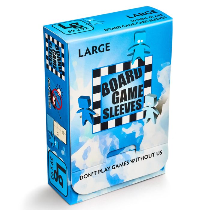 Deck Protector: Board Game Sleeve: Non-Glare: Large Blue (50) - Bright blue rectangular box with white clouds design, labeled "Large Board Game Sleeves," featuring penguin illustrations.