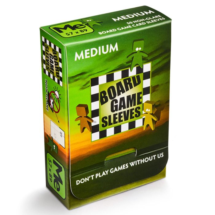 Deck Protector: Board Game Sleeve: Non-Glare: Medium Green (50) - Medium green box of non-glare board game sleeves with bold black and yellow text and illustrations of game pieces.