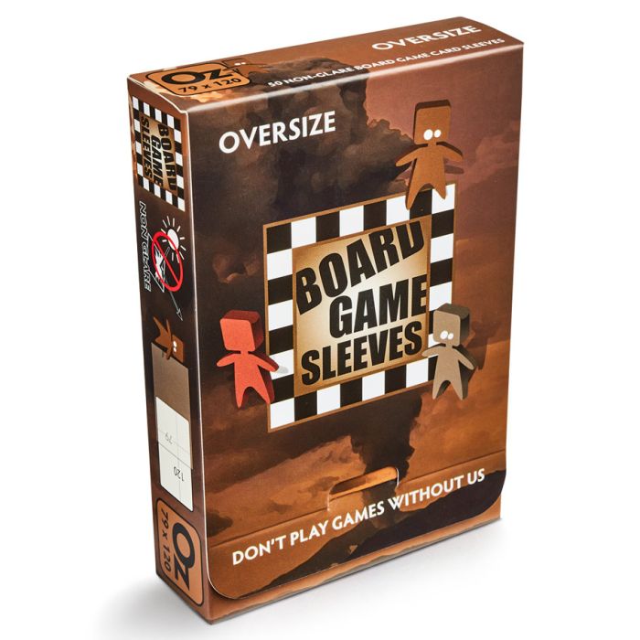 Deck Protector: Board Game Sleeve: Non-Glare: Oversize Brown(50) - Brown rectangular box with board game sleeve branding and cartoon figures, labeled oversize and non-glare.