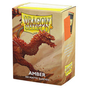 Dragon Shield: Matte: Amber (100) - Box of matte amber card sleeves featuring a red dragon illustration and Dragon Shield branding.
