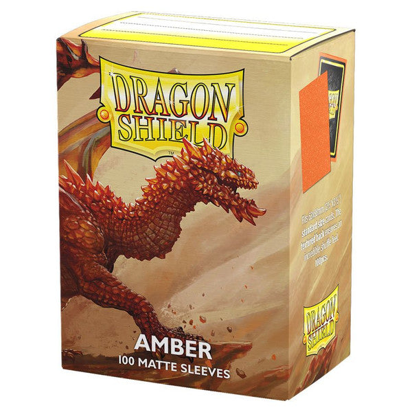 Dragon Shield: Matte: Amber (100) - Box of matte amber card sleeves featuring a red dragon illustration and Dragon Shield branding.