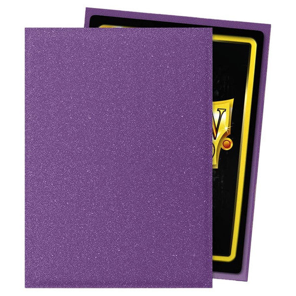 Dragon Shield: Matte: Amethyst (100) - Matte purple card sleeves with smooth texture covering trading cards in a pack of 100.