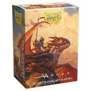 Dragon Shield Matte Dual Art Sleeves - The Adameer - Box of Dragon Shield matte dual art card sleeves featuring fantasy artwork of a warrior riding a large brown dragon against.