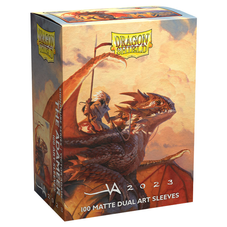 Dragon Shield Matte Dual Art Sleeves - The Adameer - Box of Dragon Shield matte dual art card sleeves featuring fantasy artwork of a warrior riding a large brown dragon against.