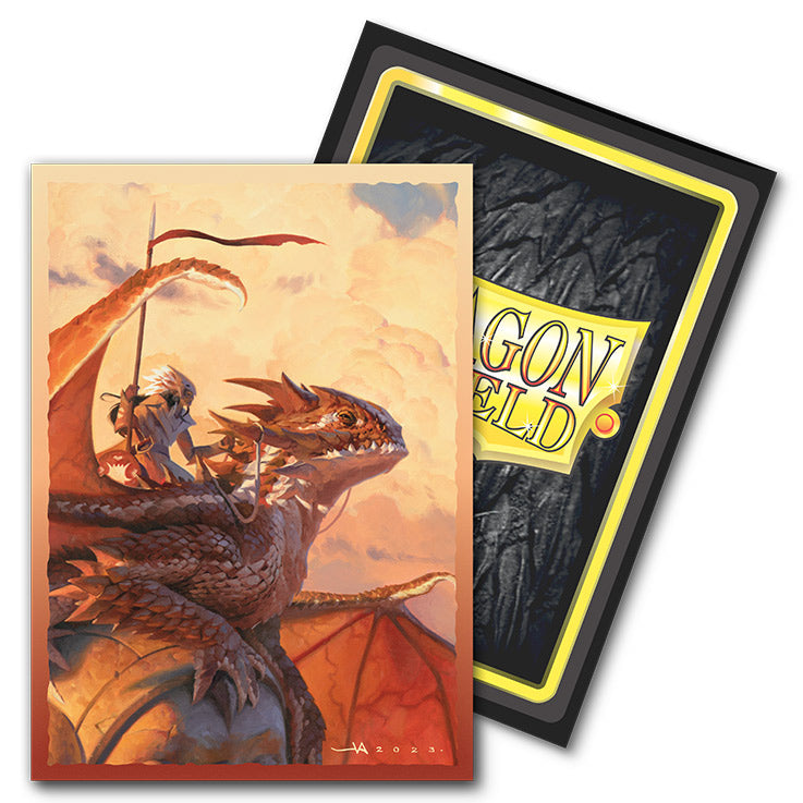 Dragon Shield Matte Dual Art Sleeves - The Adameer - Matte card sleeves featuring a red dragon with a rider holding a banner in a fantasy landscape, branded Dragon Shield logo.