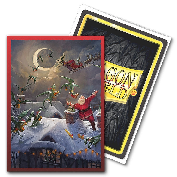 Dragon Shield Sleeves - 100ct Box Brushed Art - Christmas 2023 - Box of 100 card sleeves featuring a festive Santa and dragons artwork with a red border, branded Dragon Shield back with.