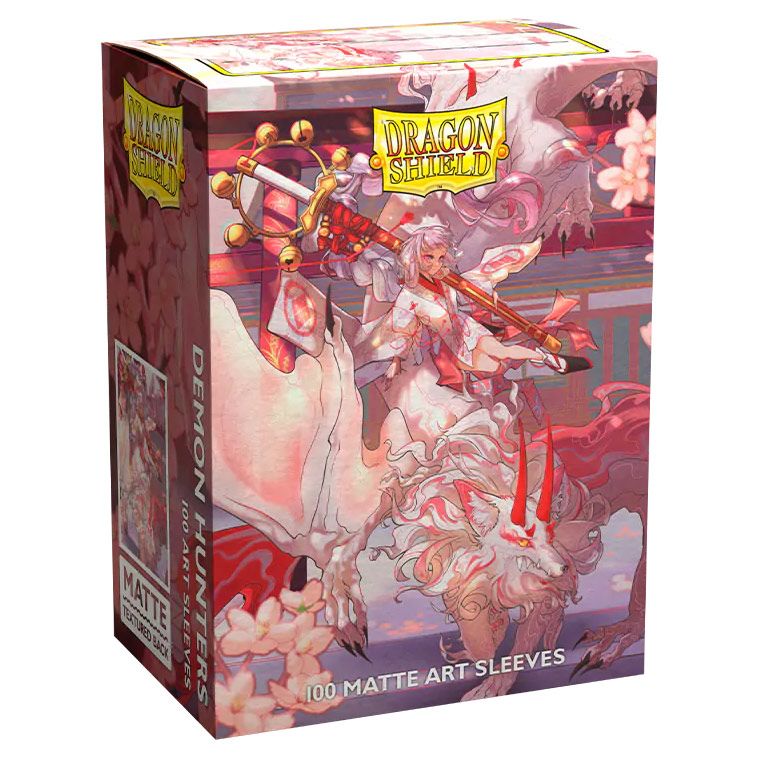 Dragon Shield Sleeves - 100ct Box Matte Art - Demon Hunters - Box of Dragon Shield matte art card sleeves featuring a red and white demon hunter warrior on a dragon design.