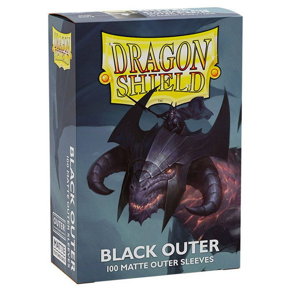 Dragon Shield Sleeves: Outer Sleeves Standard Matte - Black 100CT - Box of Dragon Shield Black Outer Matte Card Sleeves featuring a dark dragon illustration with curved horns.