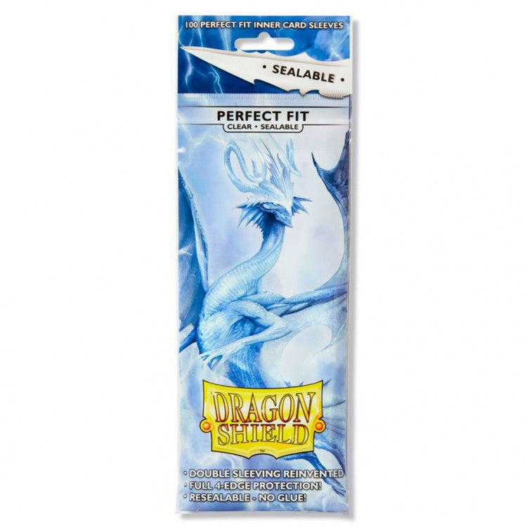 Dragon Shield : Perfect Fit Sealable: Clear 100 Count - Clear Dragon Shield card sleeves packaging with blue dragon artwork and yellow Dragon Shield logo.