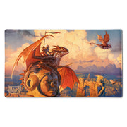 Dragon Shield Playmat + Tube - The Adameer - Playmat with detailed fantasy art of a warrior riding a dragon above ancient stone statues at sunset.