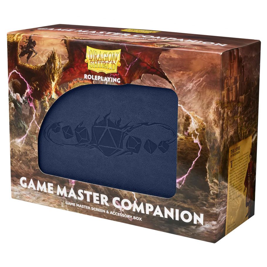 Dragon Shield RPG - Game Master Companion - Midnight Blue - Midnight blue fabric game master companion with embossed RPG dice icons in rugged fantasy-themed packaging.