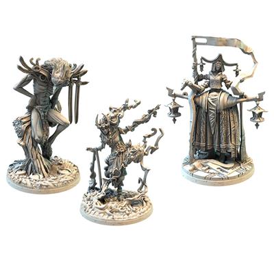 Etherfields: Alternative Creatures of Etherfields - One tree-like humanoid with antlers, one centaur-like figure holding a flame, and one robed female holding lanterns and a.