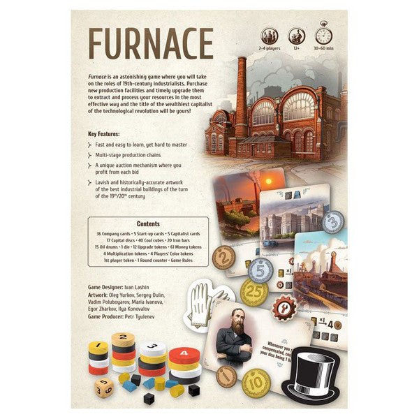 Furnace - Board game box with furnace theme, featuring industrial building art, tokens, cards, and rulebook details.