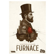 Furnace - Vintage-style poster featuring a bearded man in a top hat merged with an industrial furnace and factory buildings in sepia.