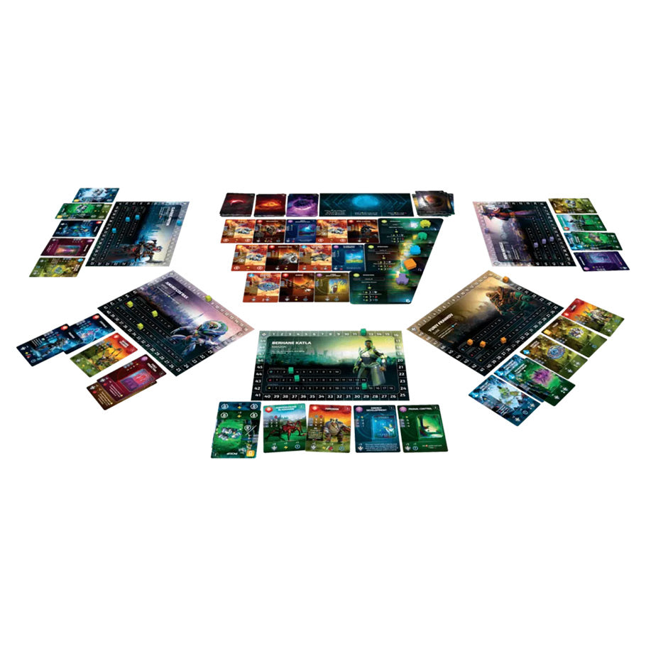 Age of Wonders: Planetfall - Colorful board game setup with multiple rectangular cards and tiles arranged in clusters across a white surface.