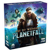 Age of Wonders: Planetfall - Square board game box with a sci-fi theme featuring a central figure in a brown coat and futuristic soldiers against a blue.