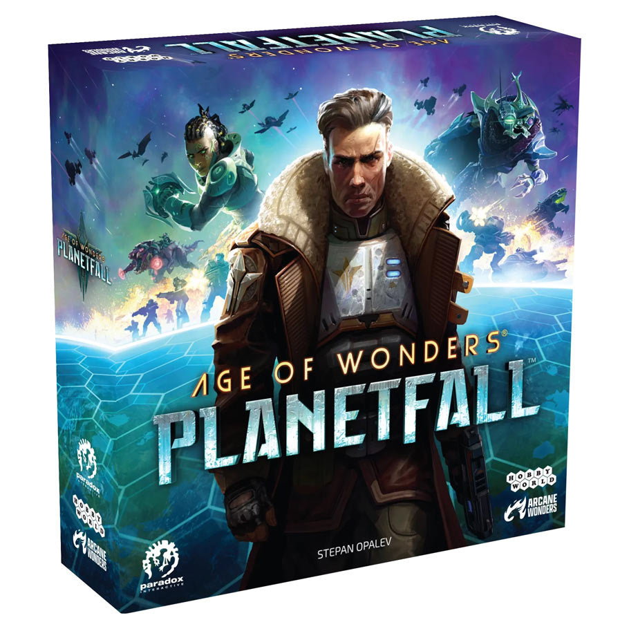 Age of Wonders: Planetfall - Square board game box with a sci-fi theme featuring a central figure in a brown coat and futuristic soldiers against a blue.