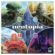 Neotopia - Neotopia board game box with vibrant fantasy cityscapes in green, blue, red, and purple quarters, featuring castle towers.