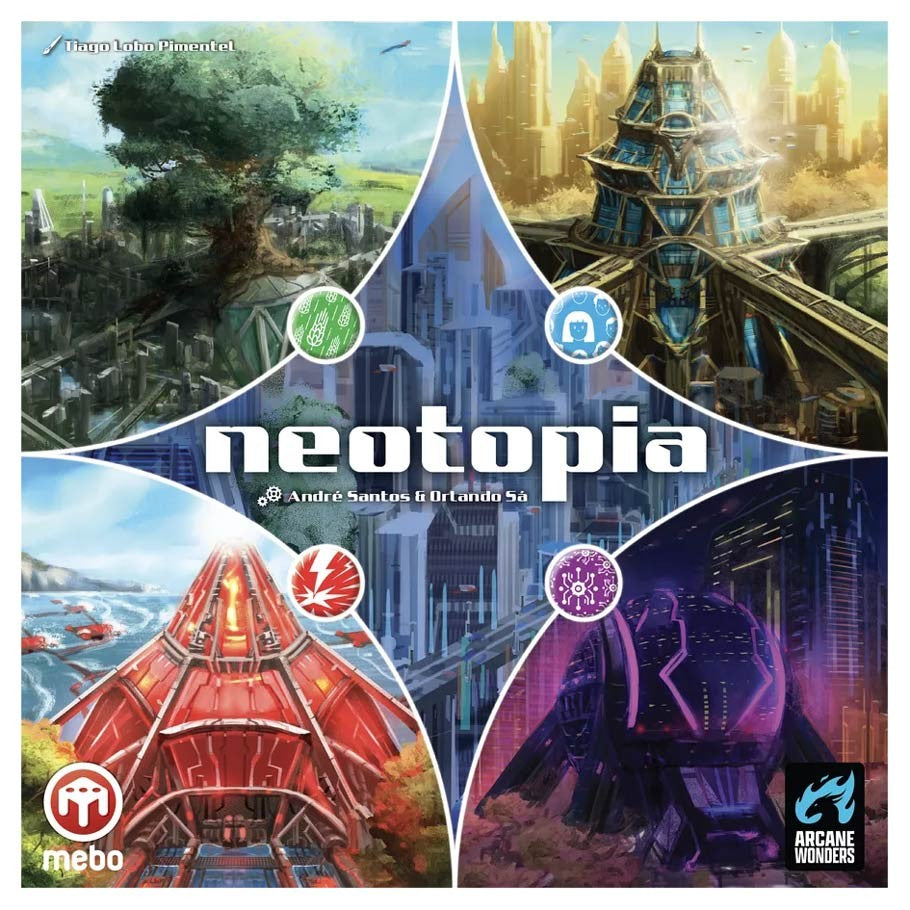 Neotopia - Neotopia board game box with vibrant fantasy cityscapes in green, blue, red, and purple quarters, featuring castle towers.