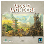 World Wonders - Board game box cover with colorful ancient world landmarks including pyramids, a pagoda, and construction scenes under a.