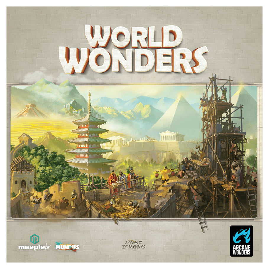 World Wonders - Board game box cover with colorful ancient world landmarks including pyramids, a pagoda, and construction scenes under a.