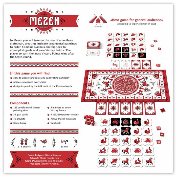 Mezen - Board game set with red and white cards, tokens, and a detailed game board featuring animal icons and Nordic motifs.