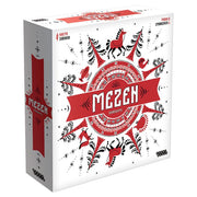 Mezen - White game box with red and black folk art illustrations of animals and plants, featuring the title "Mezen" in bold red.