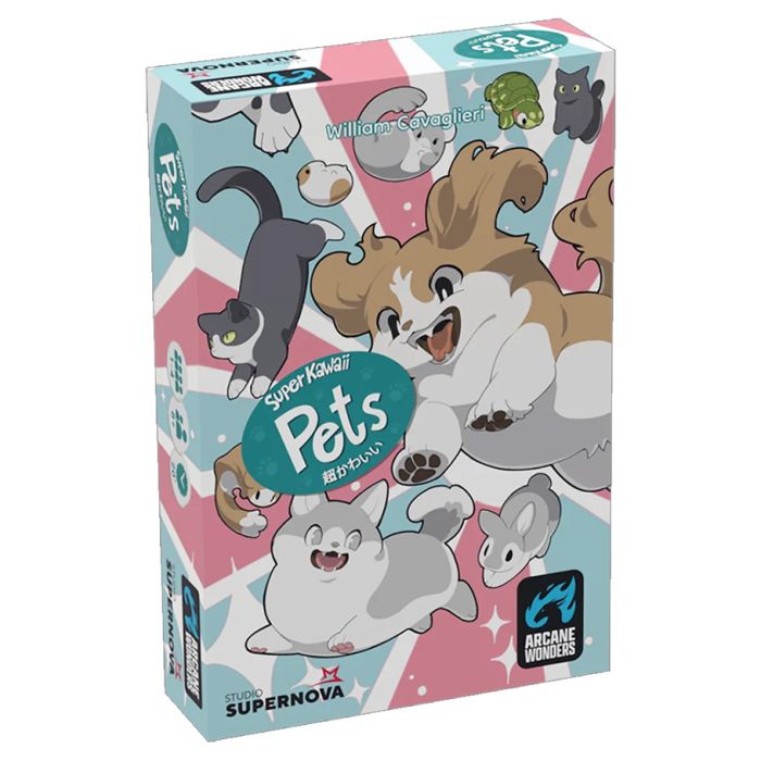Super Kawaii Pets - Colorful rectangular card game box featuring playful cartoon pets on a pastel pink and teal background.