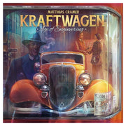 Kraftwagen: Age of Engineering - Vintage orange car with round headlights on a detailed illustrated board game box cover.