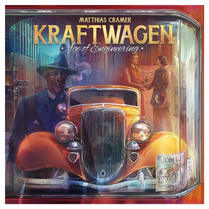 Kraftwagen: Age of Engineering - Vintage orange car with round headlights on a detailed illustrated board game box cover.