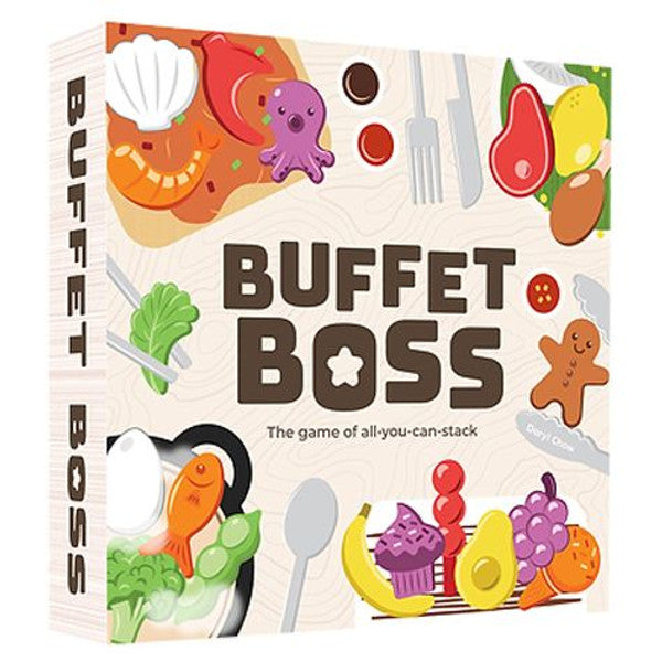 Buffet Boss - Buffet Boss card game box with colorful food illustrations including octopus, shrimp, steak, cupcake, and vegetables on a.